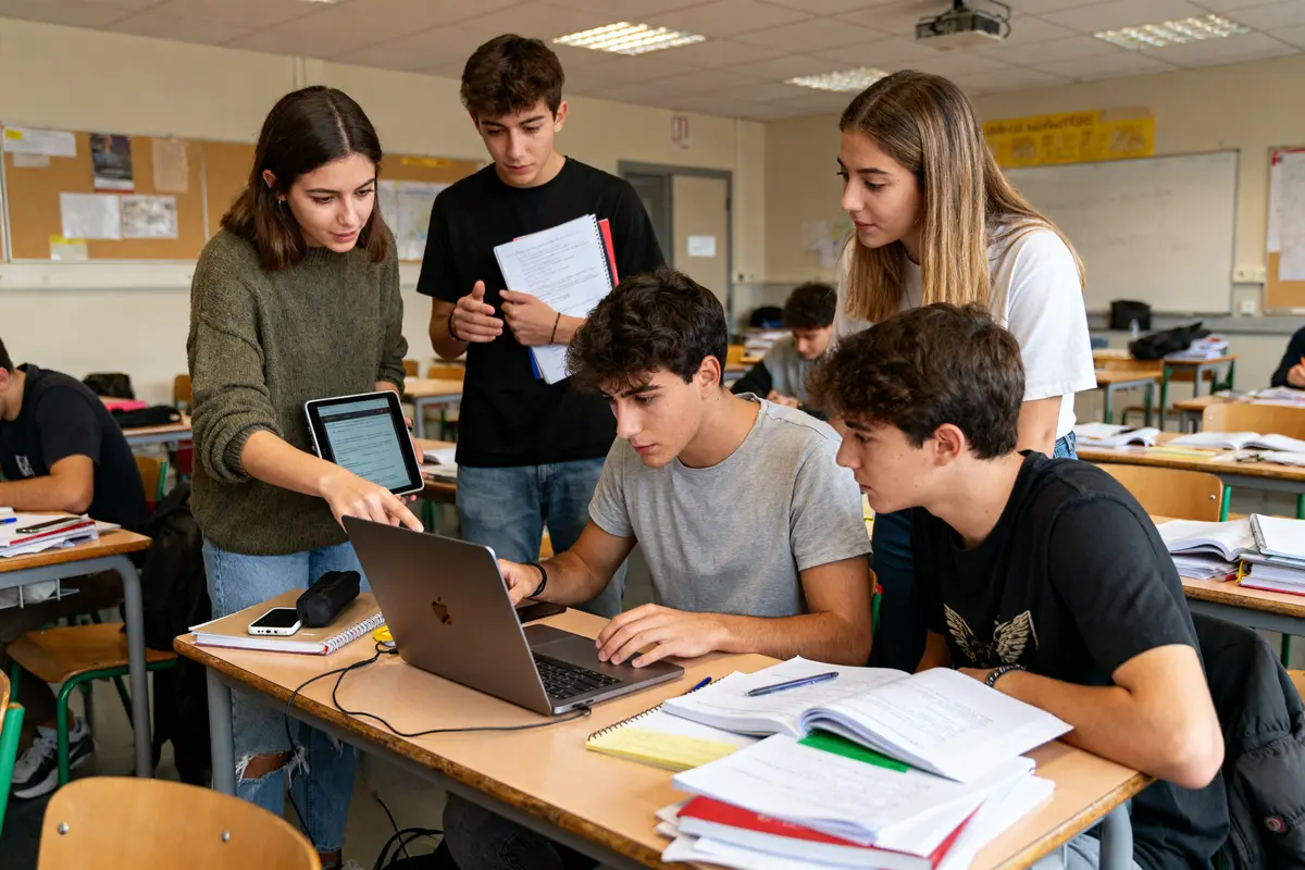 Étudiants collaborant en classe sur un projet avec avis sur Aurlom Education en discussion