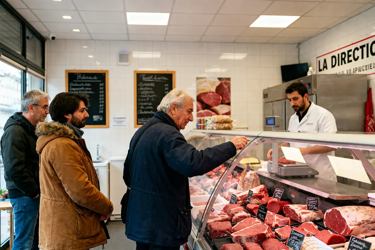 Client examine la viande chez un boucher en demandant des avis sur la direction Saint-Quentin