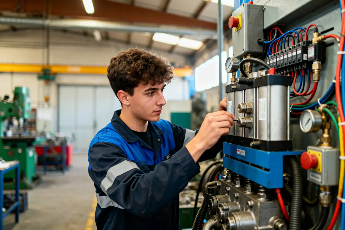 Jeune technicien ajuste une machine dans un atelier, formation bac pro en maintenance industrielle