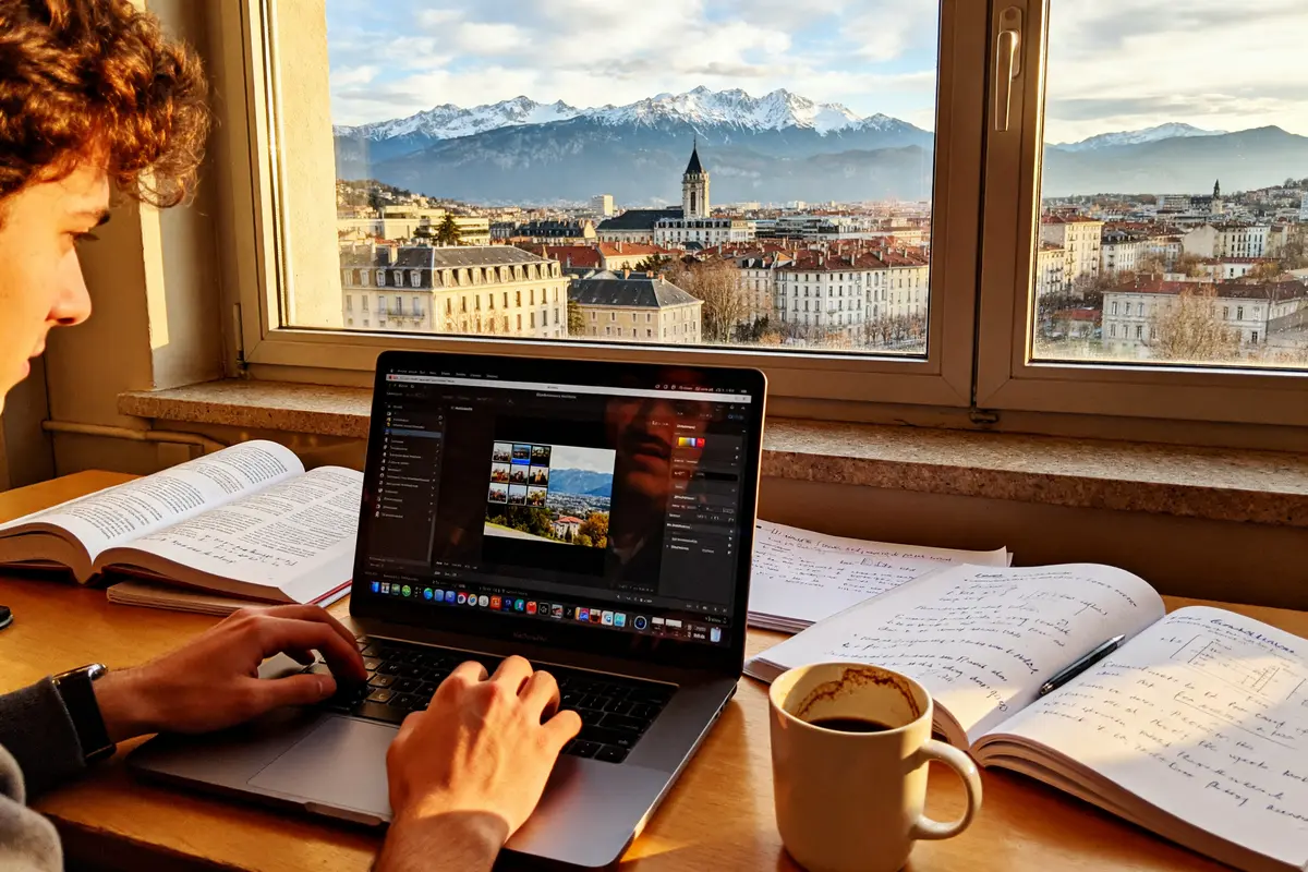 Étudiant travaillant sur ordinateur avec vue sur les montagnes, projet MMI Grenoble en arrière-plan