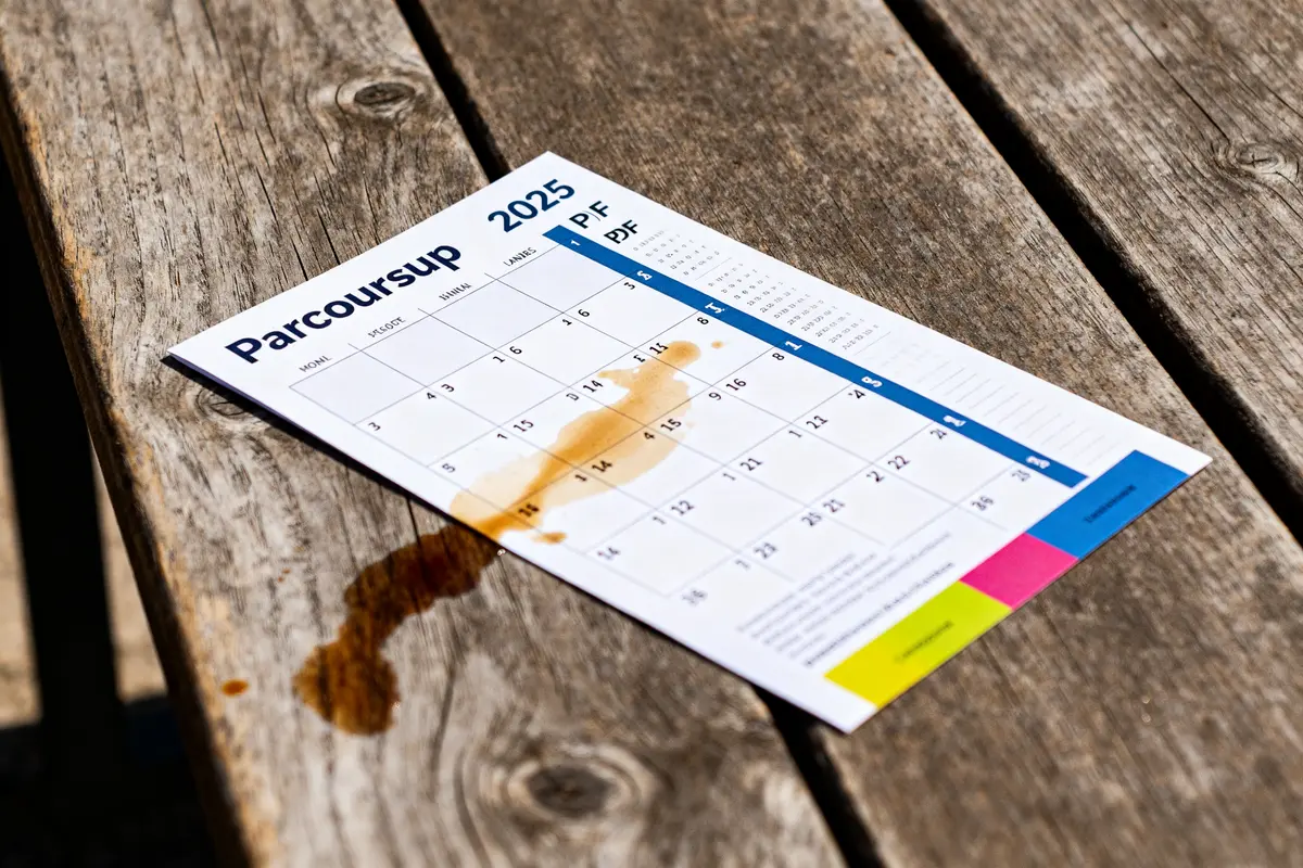 Calendrier Parcoursup 2025 avec tache de café sur table en bois pour téléchargement PDF