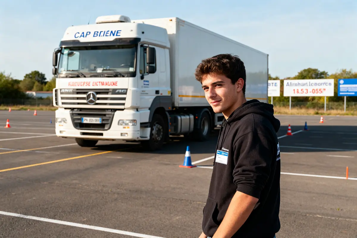 Jeune homme devant un camion pendant une formation au CAP de chauffeur poids lourds