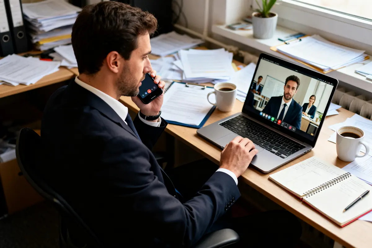 Homme en appel vidéo professionnel, rôle de chargé de communication, bureau ordonné.