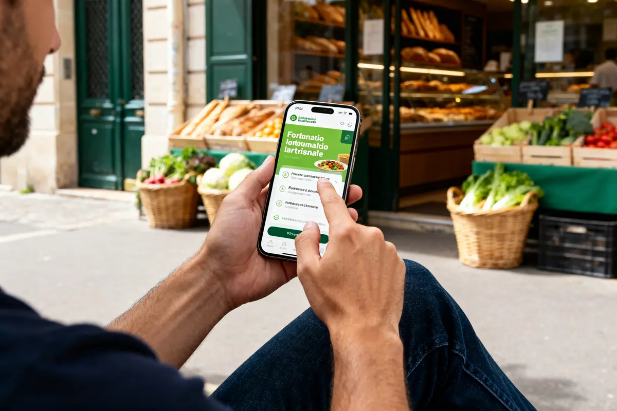 Personne utilisant un smartphone devant une boulangerie artisanale sur le site CMA Grand Est