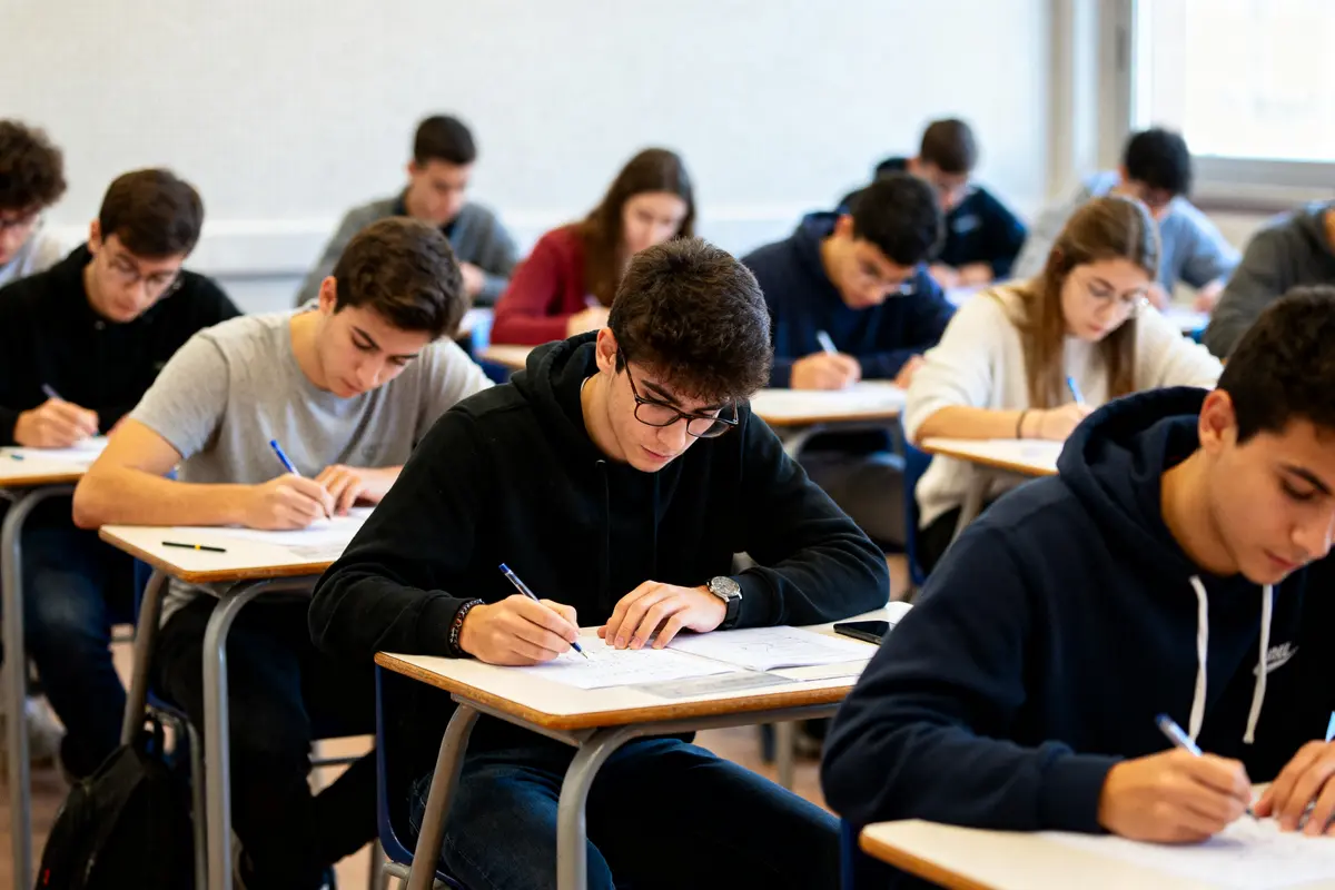 Un groupe d'étudiants concentrés passe le concours SUPAERO en salle de classe.
