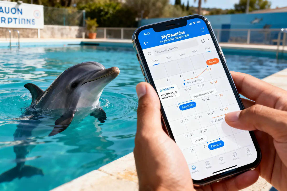 Personne tenant un téléphone affichant l'emploi du temps de Dauphine près d'un dauphin nageant