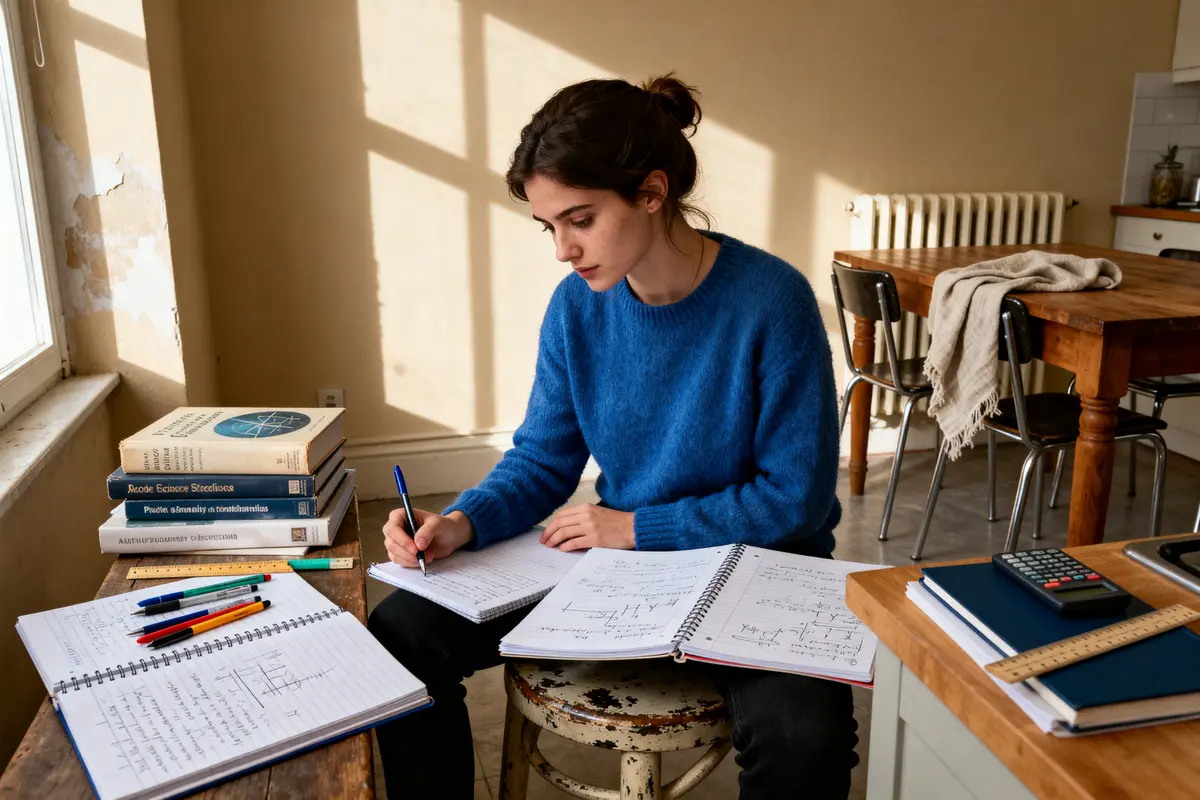 Étudiante concentrée sur ses devoirs deuste dans une pièce ensoleillée avec table en bois