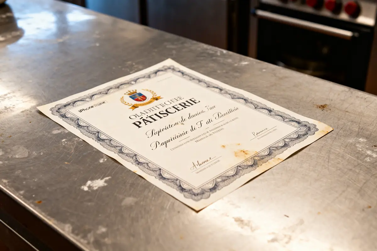 Diplôme de pâtisserie posé sur un plan de travail en cuisine professionnelle