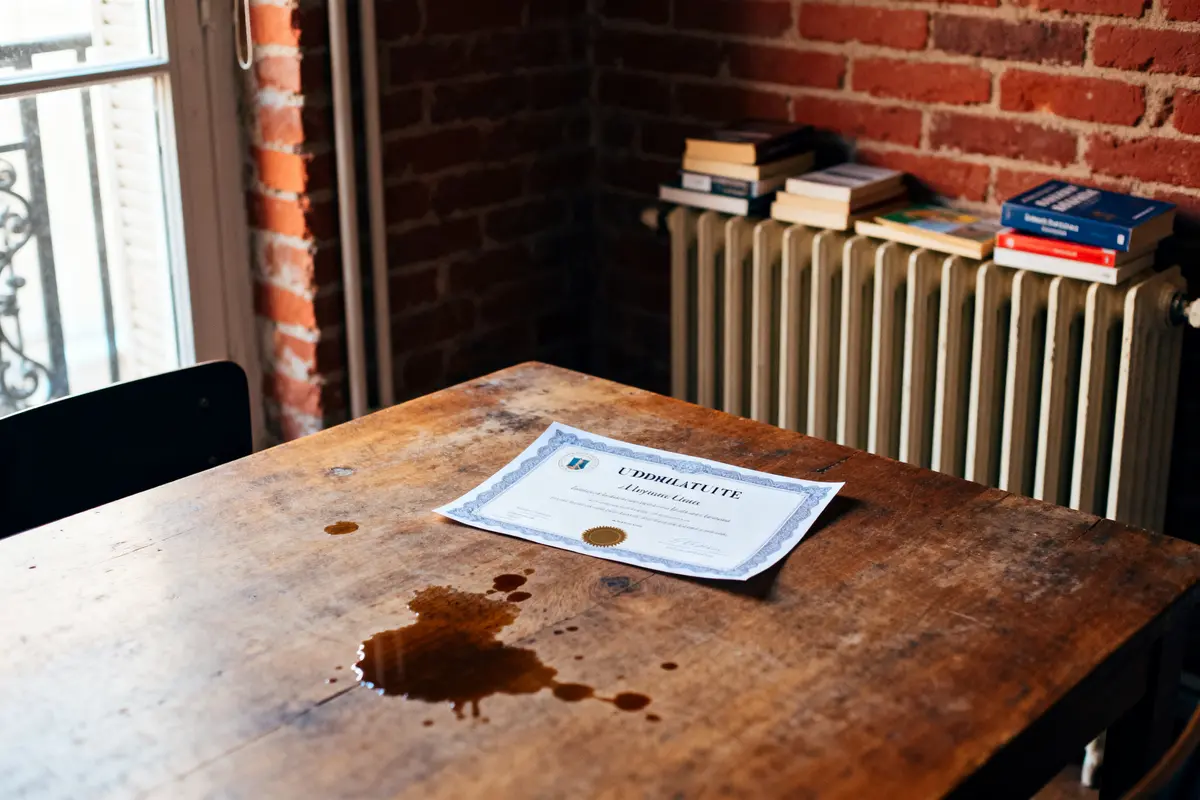 Diplôme universitaire de Lyon posé sur table en bois avec des taches de café
