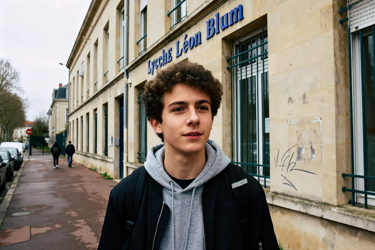Jeune homme devant le lycée Léon Blum portant un sac à dos éclat Blum