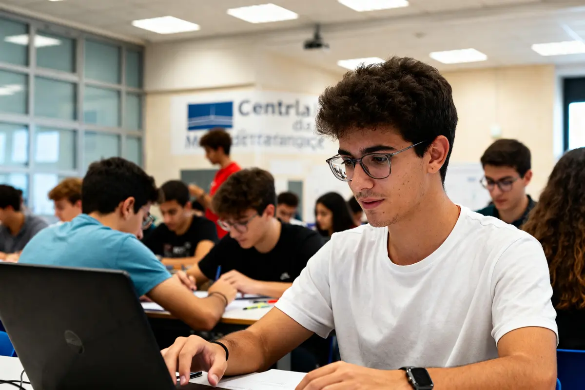 Étudiants concentrés à l'école Centrale de Marseille en salle de classe sur leurs ordinateurs