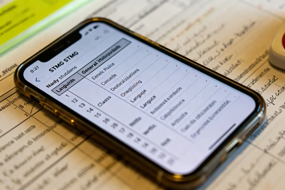 Téléphone affichant emploi du temps STMG sur table avec notes manuscrites en fond