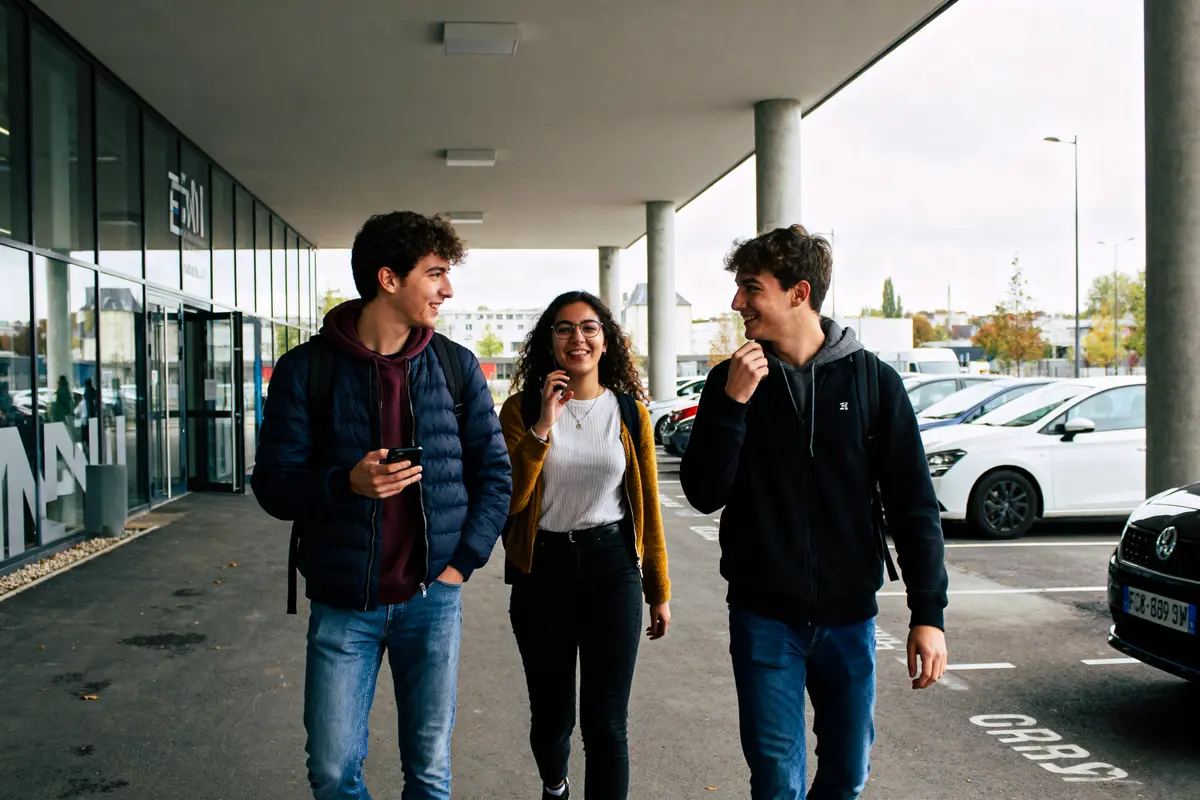 Étudiants devant le campus Faraday de l'école informatique ENI à Nantes souriants et détendus