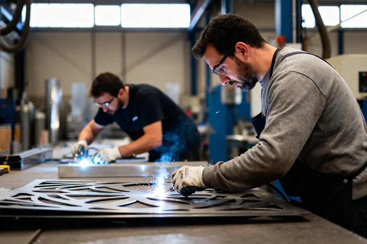 Ouvriers soudant une pièce métallique dans une entreprise de chaudronnerie et soudure industrielle