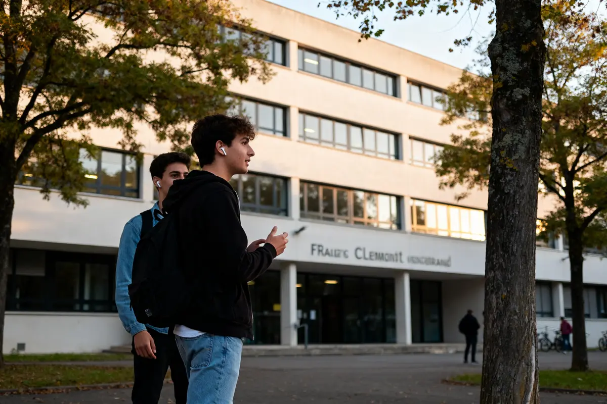 Étudiants devant la faculté de droit Clermont à l'extérieur du bâtiment universitaire