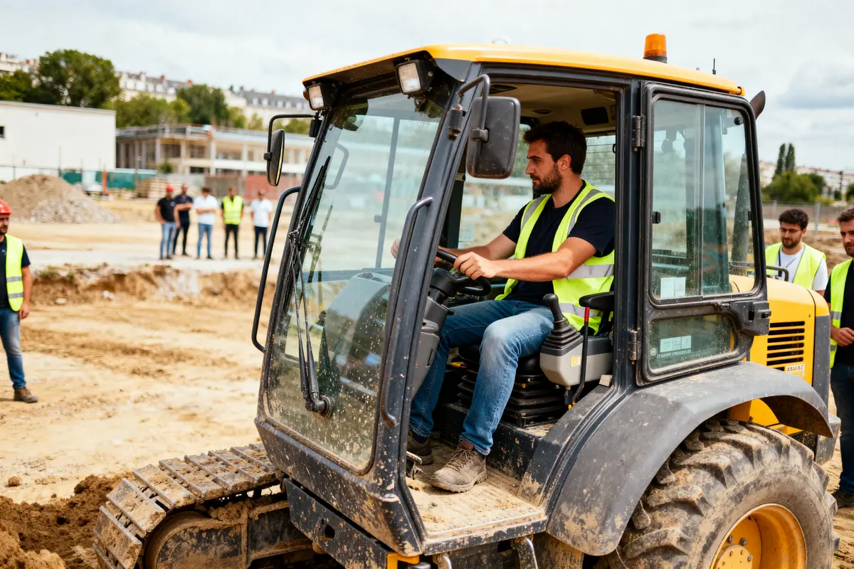 Homme conduisant un bulldozer lors d'une formation pour conducteurs à Paris