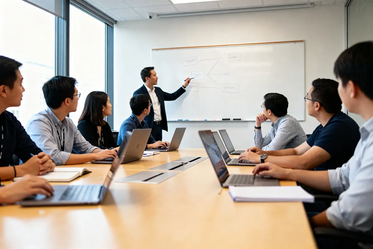 Personnes en formation professionnelle autour d'une table avec un formateur devant tableau blanc