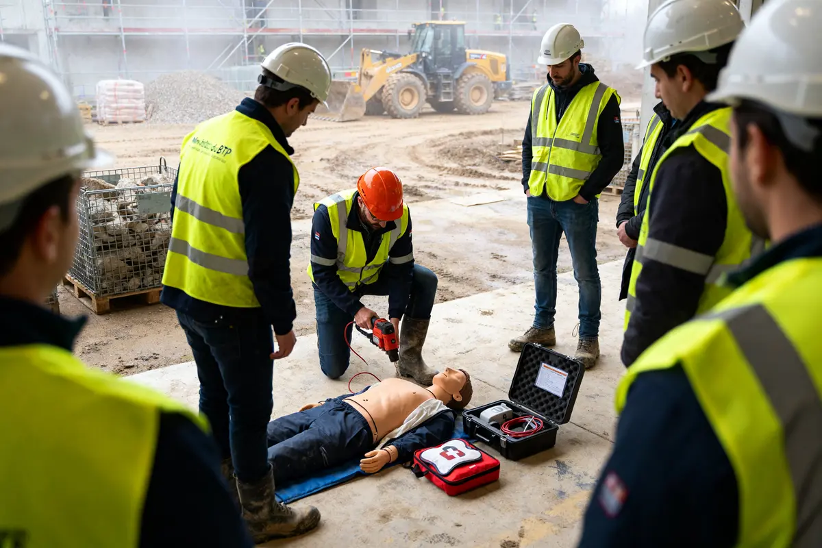 Formation sécurité en BTP avec mannequins et instructeur sur chantier par mon institut du BTP