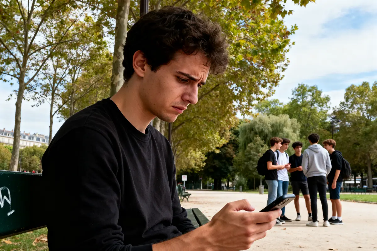 Jeune homme pensif sur un banc, je n'ai pas fait ma journée d'appel