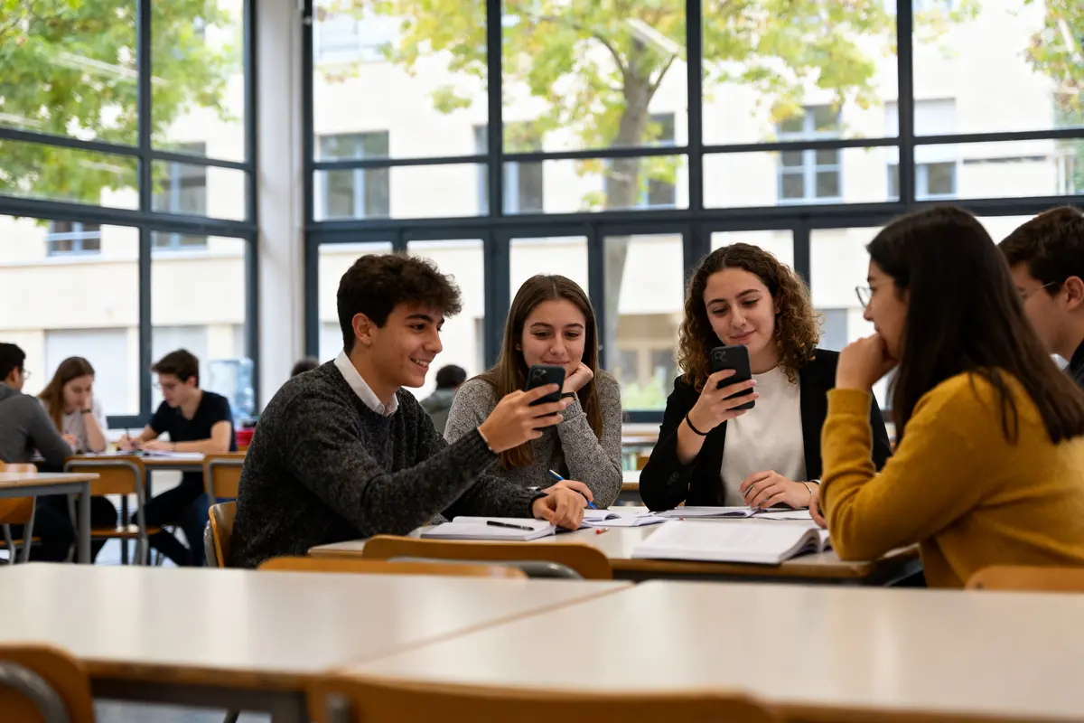 Étudiants discutant en classe de licence éco-gestion à Assas avec leurs smartphones