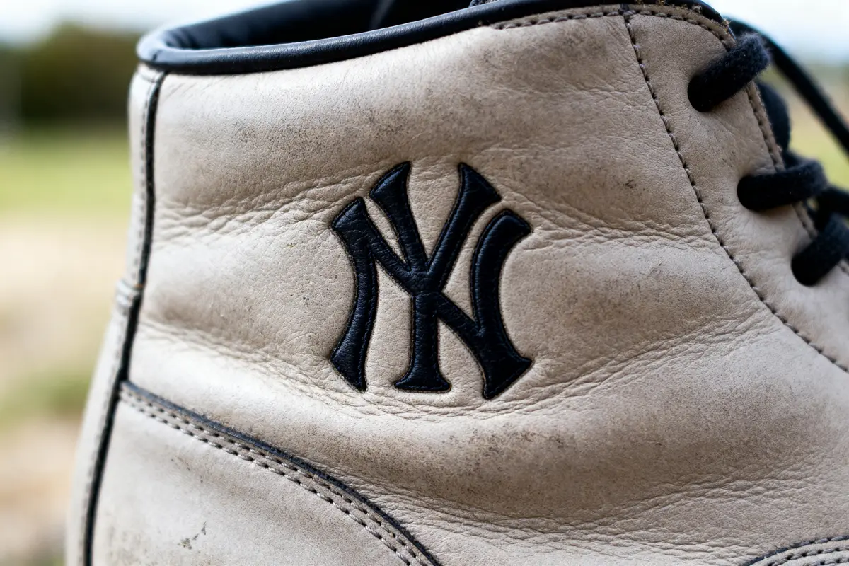 Logo sur chaussure en cuir beige avec coutures apparentes et lacets noirs.