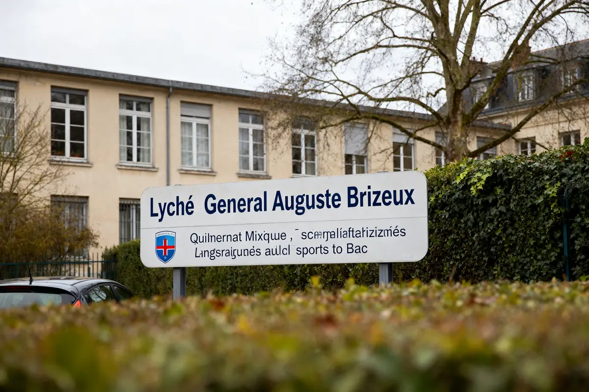 Panneau devant le lycée général Auguste Brizeux avec bâtiment en arrière-plan