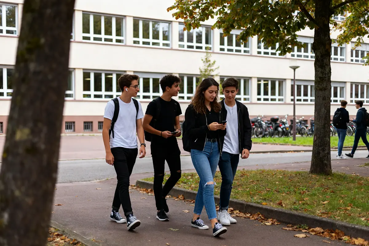 Étudiants marchant devant l'annexe Sévigné du lycée René Cassin en automne
