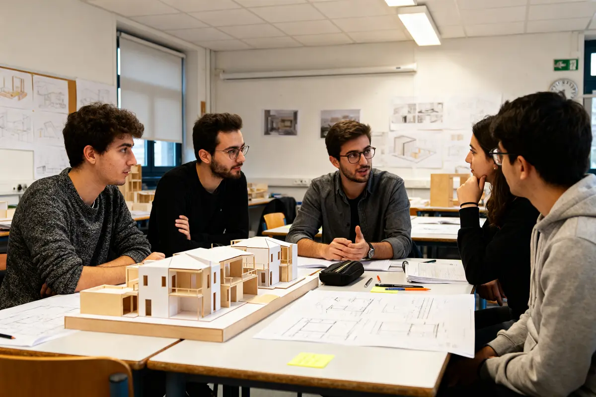 Étudiants discutant de maquettes dans un cours de master en architecture d'intérieur