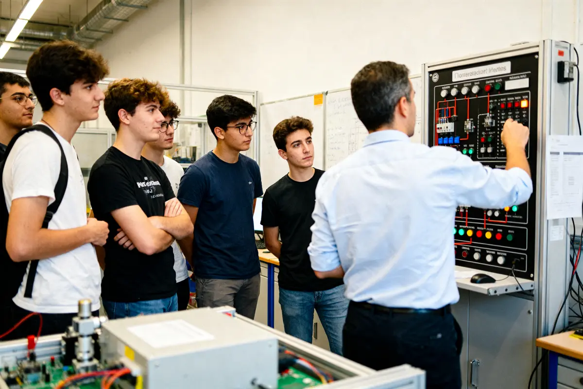 Des étudiants observent un professeur expliquant un panneau de commande master automatic en classe