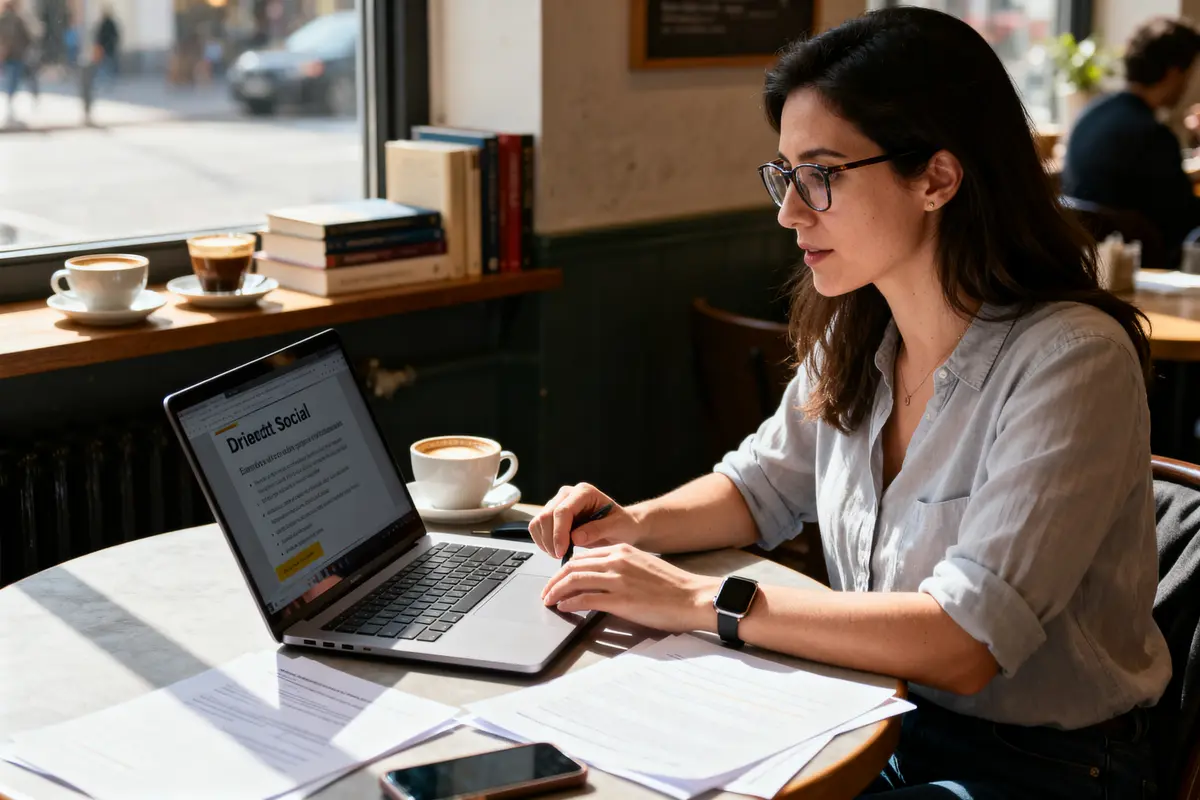 Femme étudiant master de droit social à distance dans un café avec un ordinateur portable