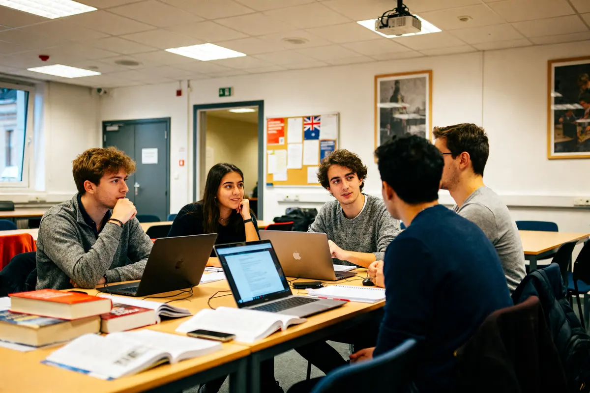 Étudiants discutant en salle de classe durant un mastère spécialisé en anglais