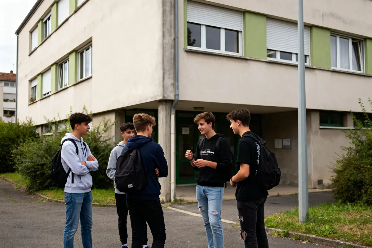 Groupe d'étudiants discutant près de la mission locale d'Annonay