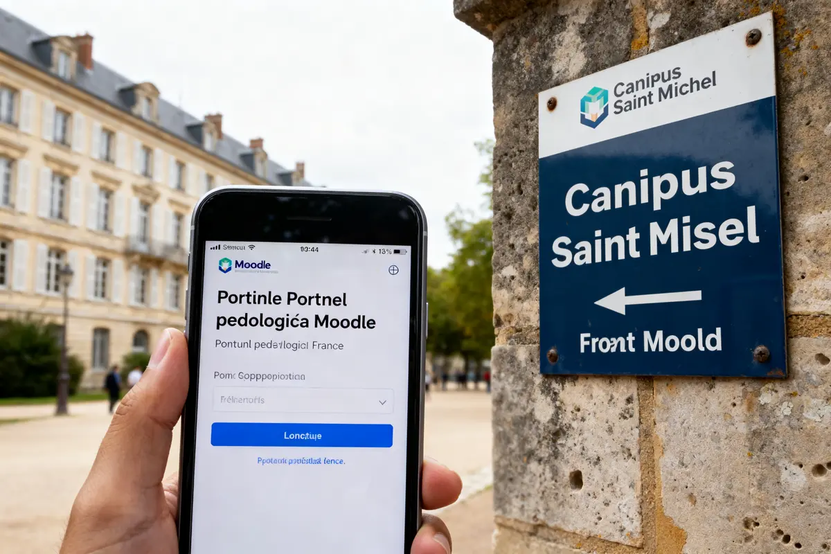 Téléphone affichant Moodle devant un panneau du campus Saint Michel