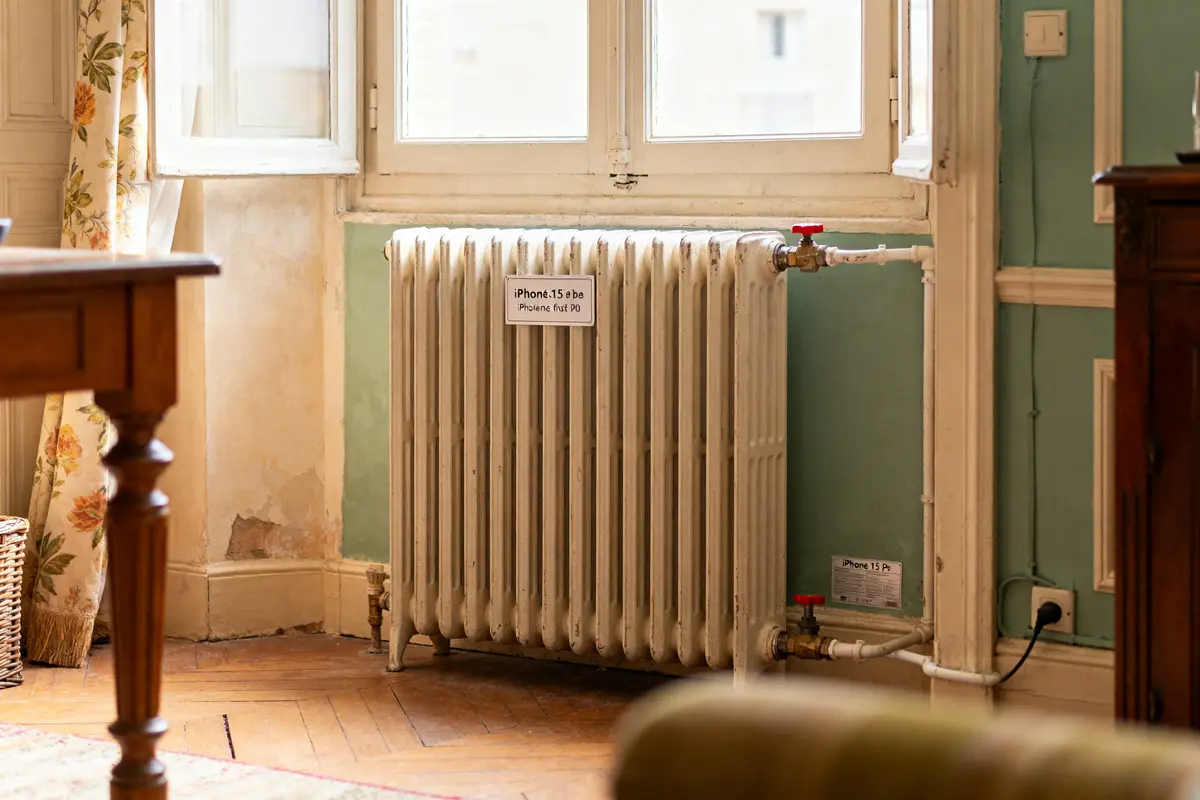 Radiateur blanc sous fenêtre dans salon avec panneau mta chauffage visible