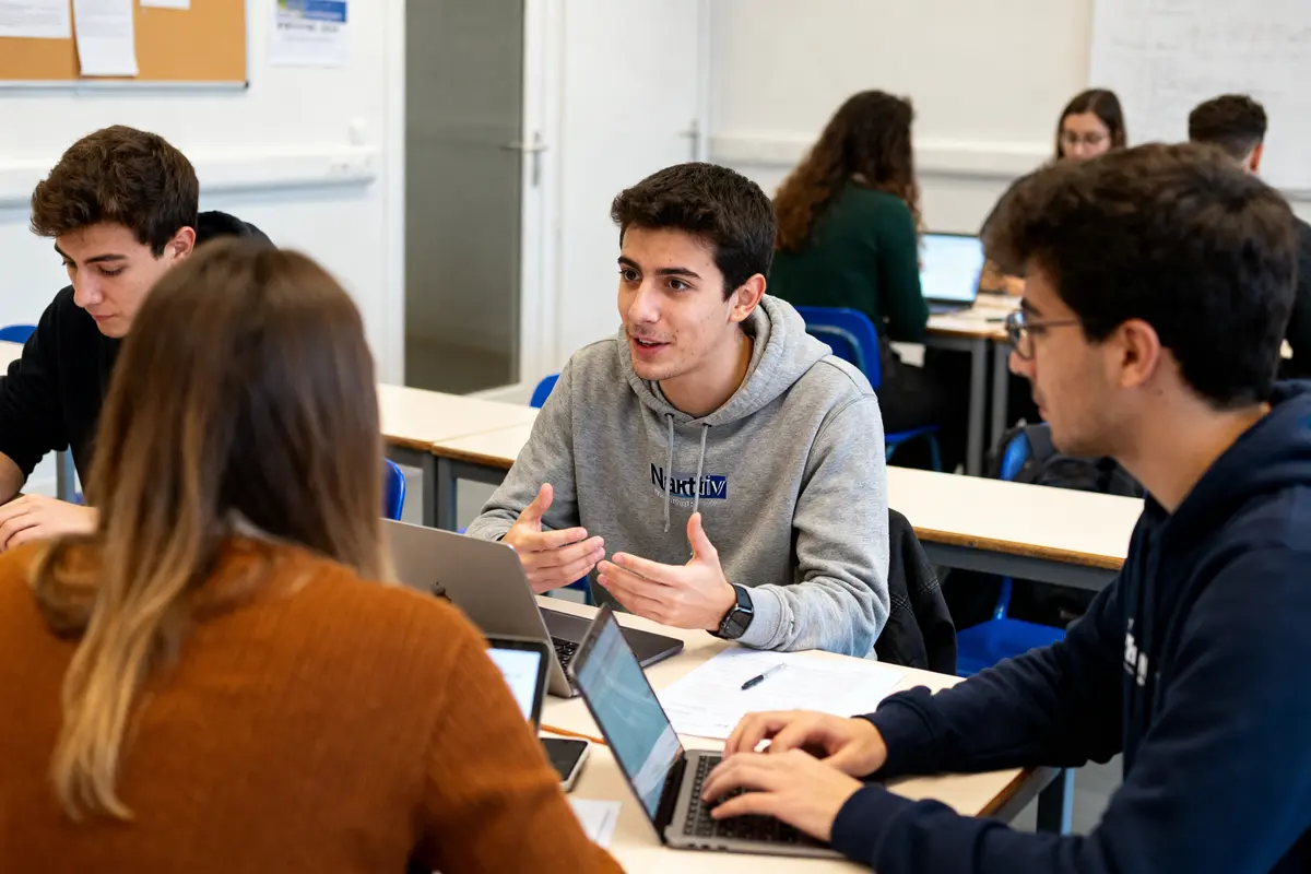 Étudiants discutant autour d'un ordinateur portable dans un cadre d'étude sur Narratiiv Extranet