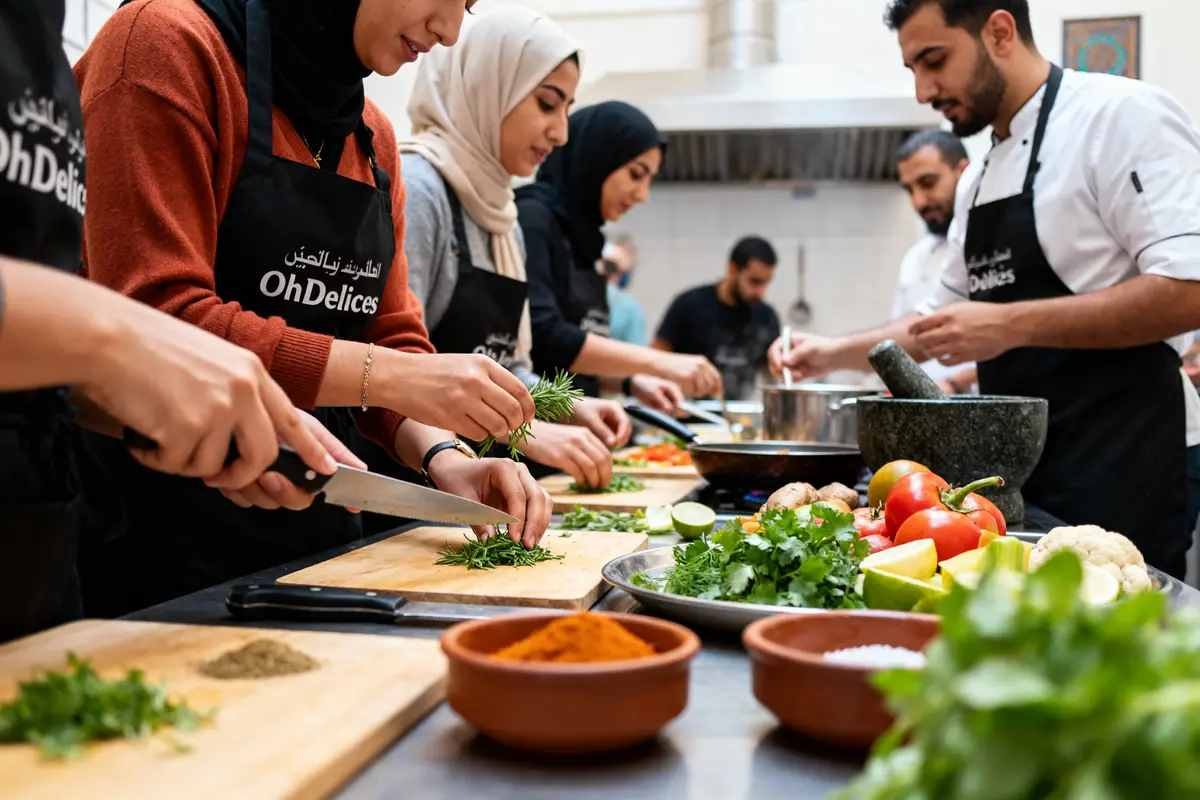 Participants coupant des herbes fraîches lors d'un atelier à l'académie culinaire Oh Délices