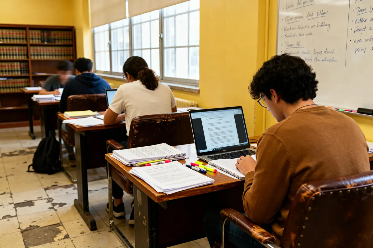 Étudiants en salle de classe étudiant à Paris IEJ sur ordinateur portable et cahiers
