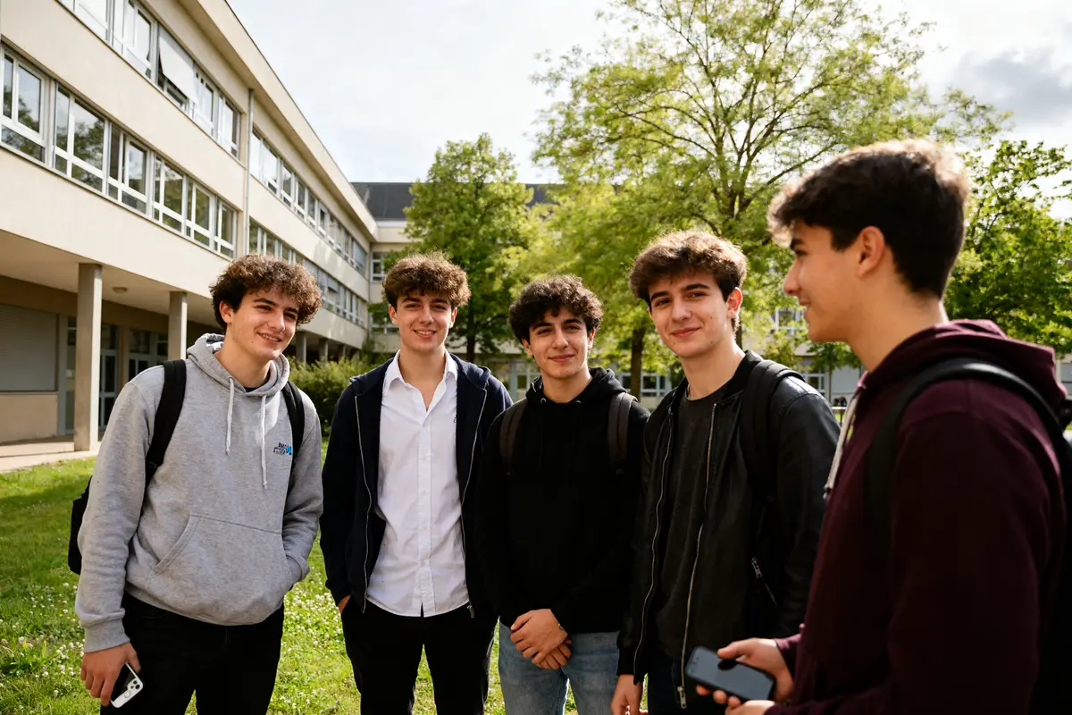 Cinq étudiants souriants discutent devant un bâtiment scolaire lors du partage INSA CVL