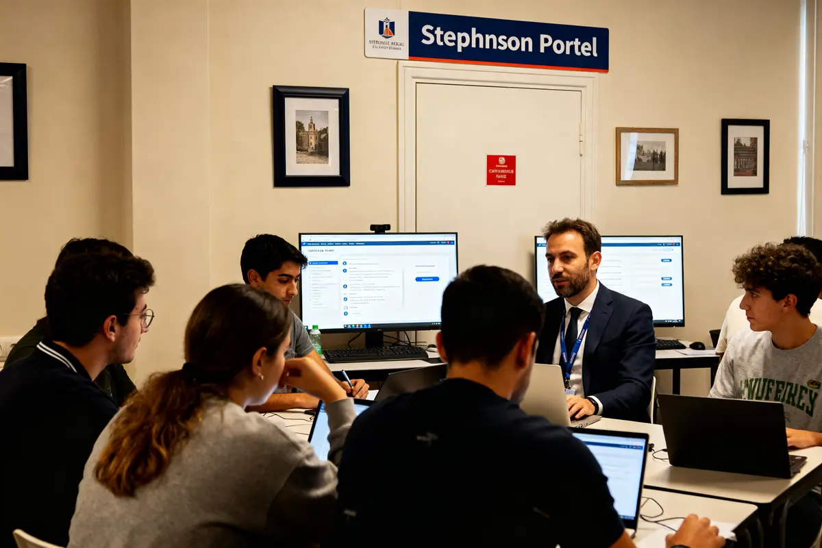 Personnes travaillant ensemble dans une salle de réunion du portail Stephenson avec ordinateurs.