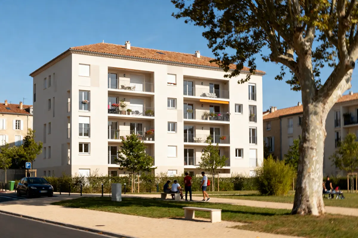Immeuble moderne avec balcons entouré d'arbres, représentant une résidence au bord de l'Oh