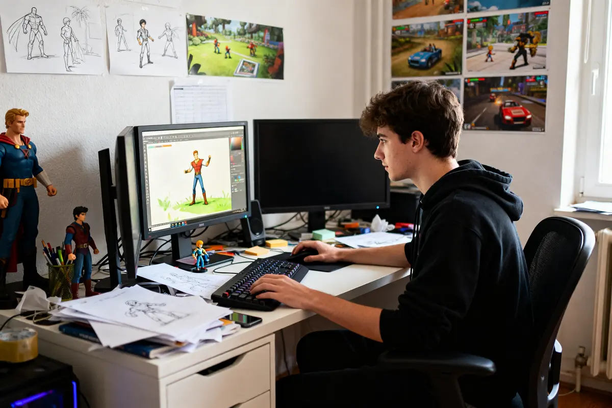 Jeune graphiste numérique travaillant sur ordinateur, formation certifiée RNCP 40280 en design graphique