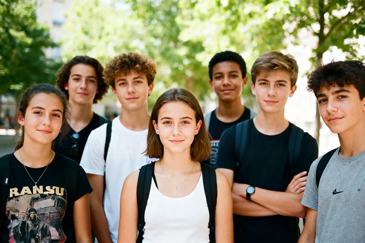 Groupe de jeunes souriant dans un parc se demandant s.n.u c'est quoi exactement
