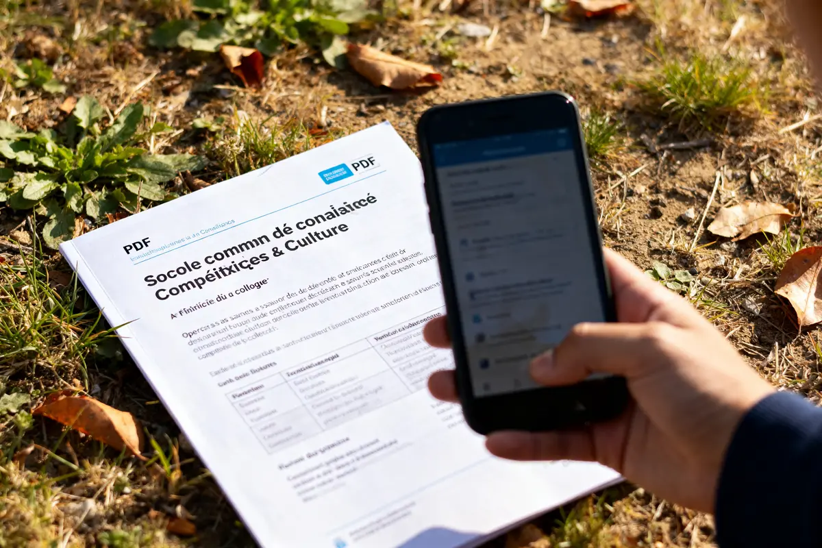 Document imprimé sur l'herbe et téléphone, socle commun de connaissances compétences culture en PDF
