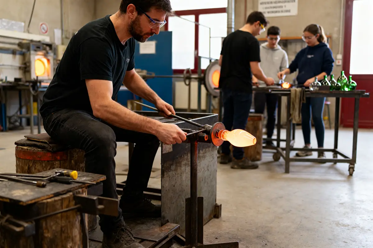 Artisan travaillant le verre en fusion lors d'un stage de souffleur de verre en atelier