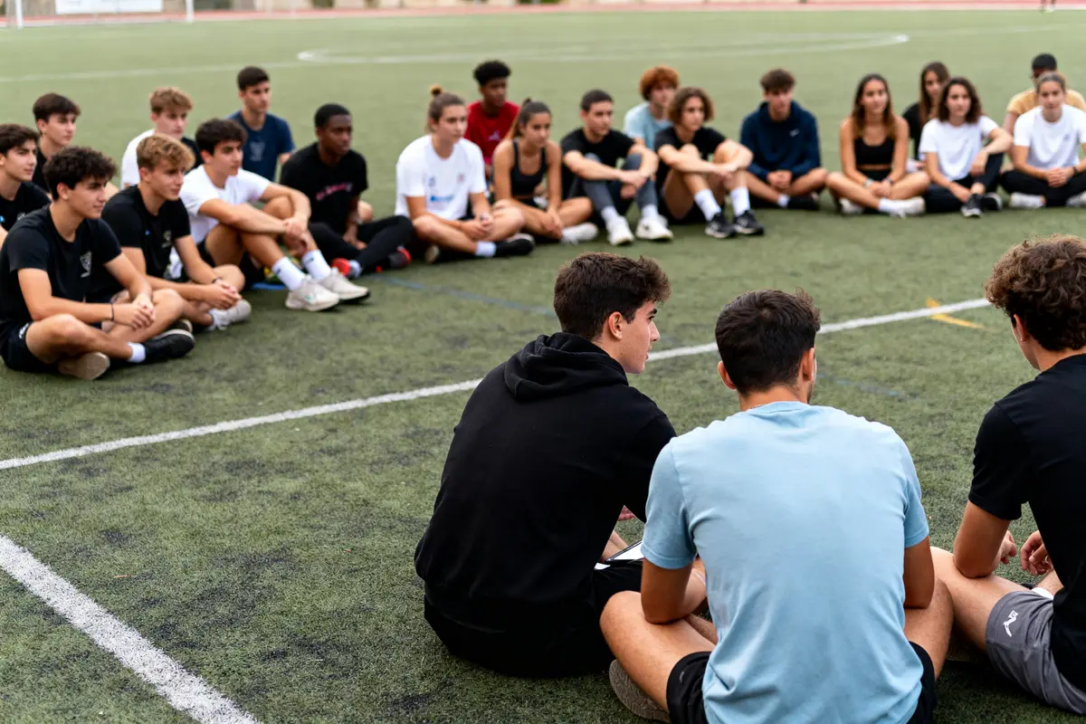 Étudiants en cercle sur terrain sportif discutant des études en STAPS à Avignon
