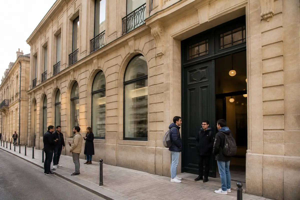 Personnes discutant devant un bâtiment historique à Bordeaux près de l'ADREC