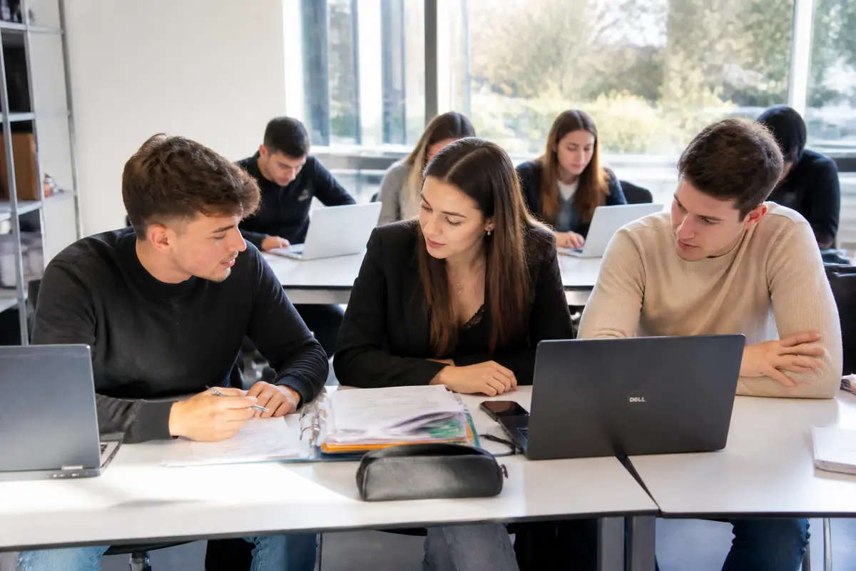 Étudiants travaillant ensemble sur un projet en BTS immobilier à Toulouse en classe moderne