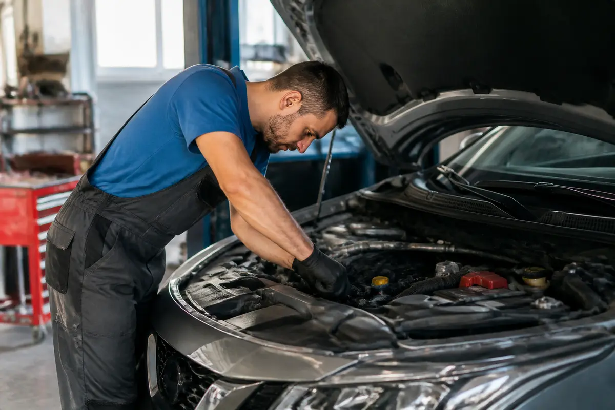 Mécanicien en combinaison travaille sous le capot d'une voiture dans un atelier automobile