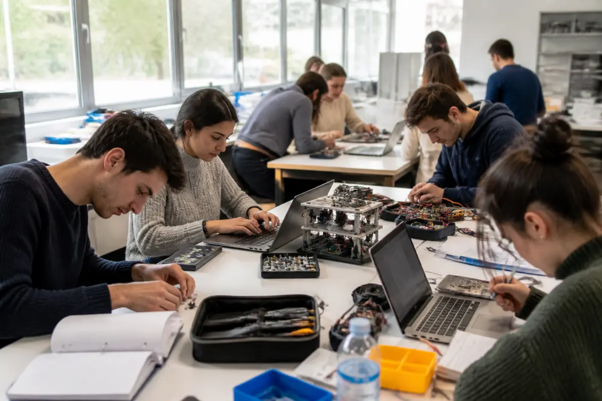 Étudiants travaillant sur des projets électroniques dans une classe préparatoire intégrée dynamique et studieuse