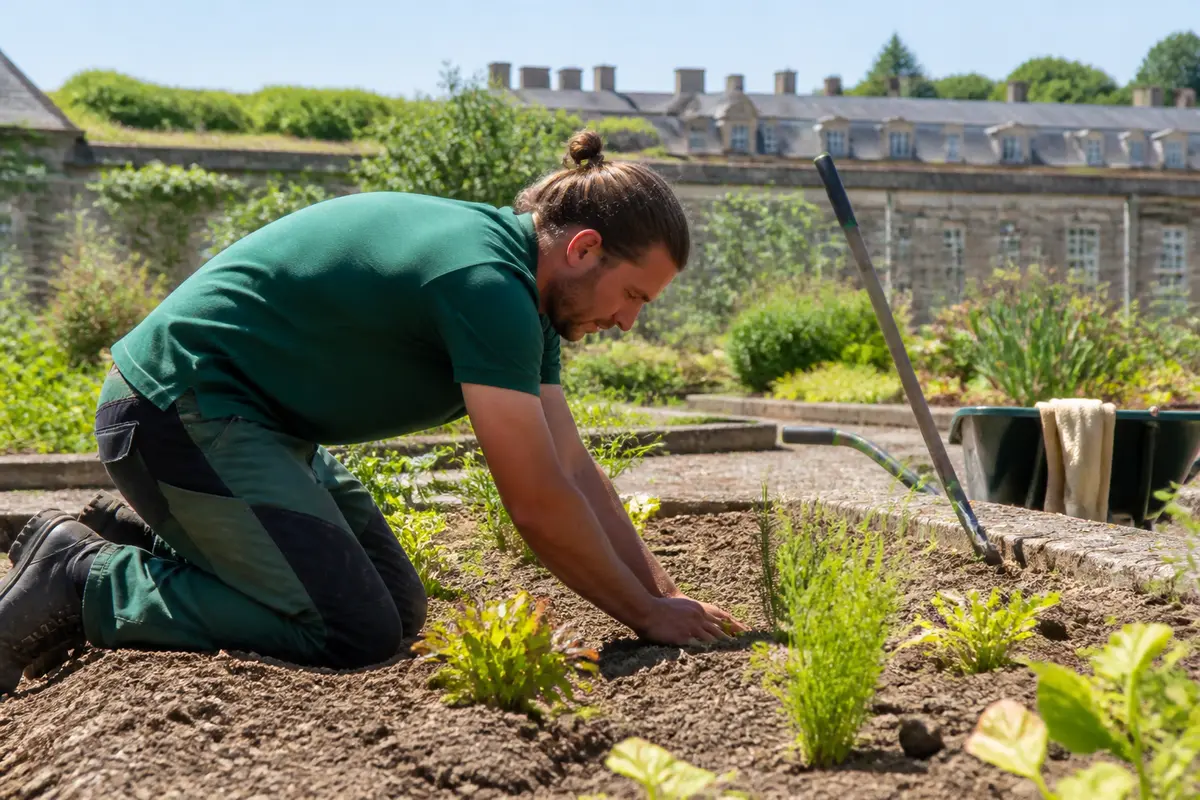 Jardinier entretenant des plantations dans un potager du département de Versailles en été